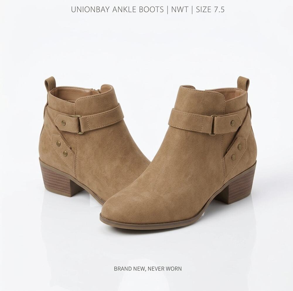 NWT UNIONBAY Tan Faux Suede Ankle Booties Studded Harness Strap Women's Size 7.5